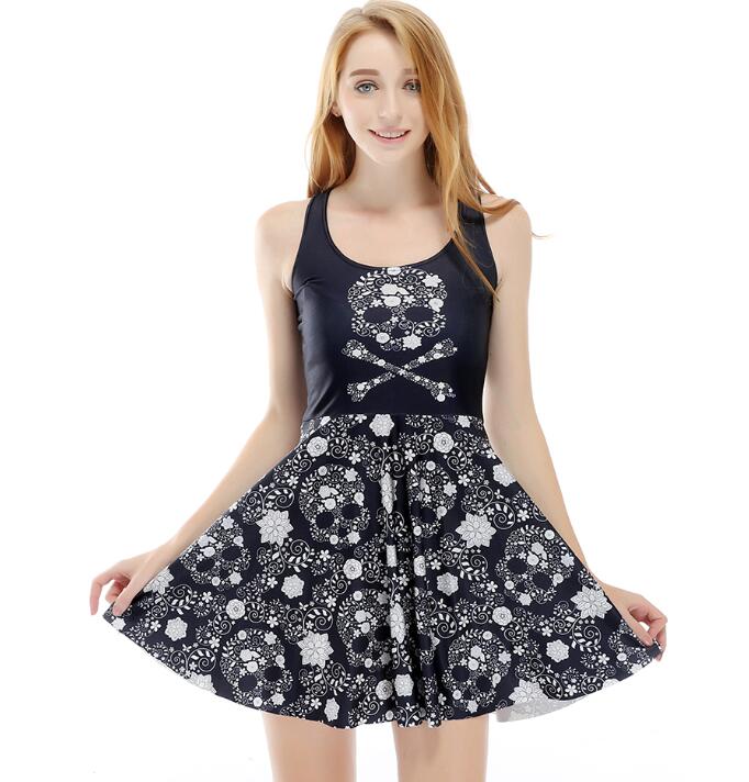 New Sleeveless Gothic Floral Skull Print Women Black