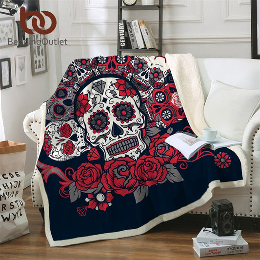 Sugar Skull Blanket Roses Microfiber Sherpa Sofa Throw Blanket