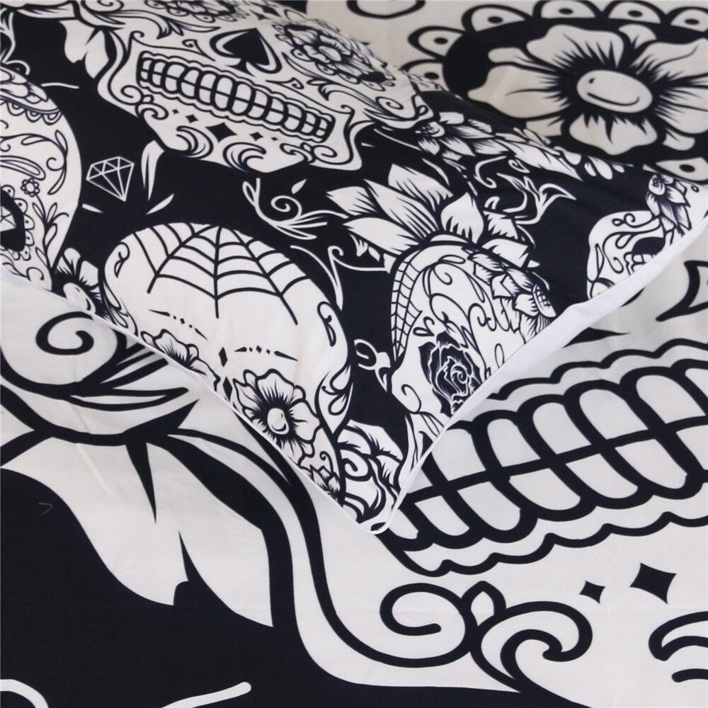 3Pcs Black And White Duvet Cover With Pillowcases Sugar Skull Bedding