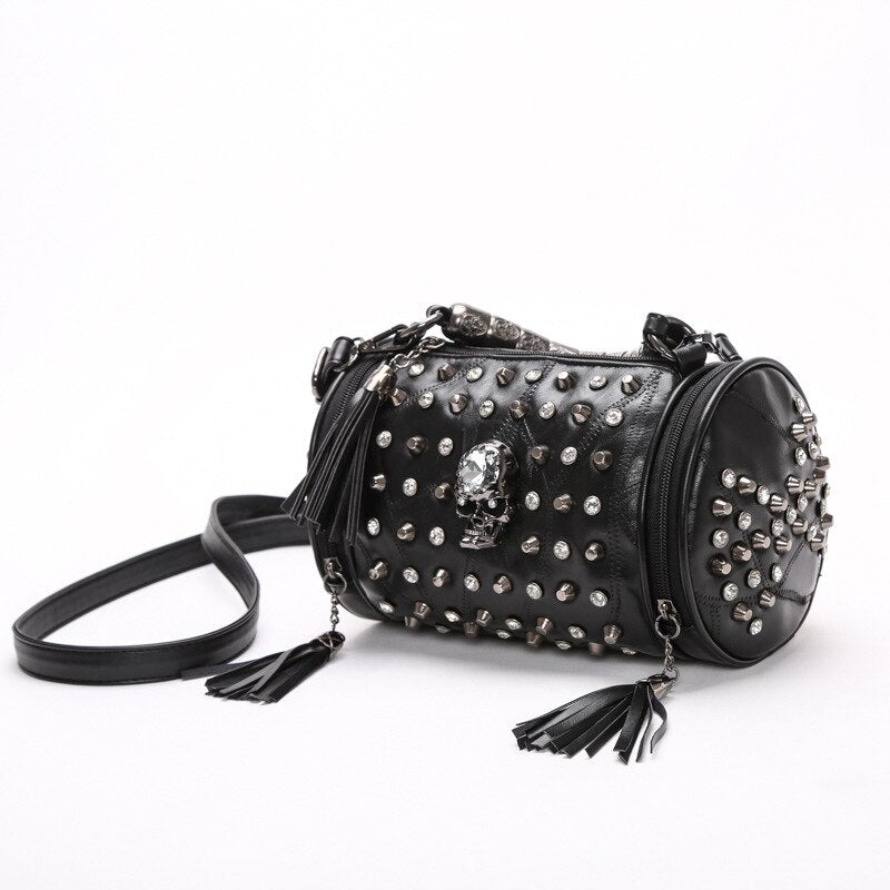 Genuine Leather Tassels Skull Handbag Women Luxury Rock