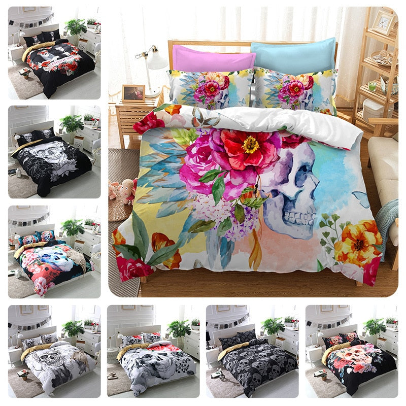 3D Flowers Skull Bedding sets wedding Duvet Cover + pillow case