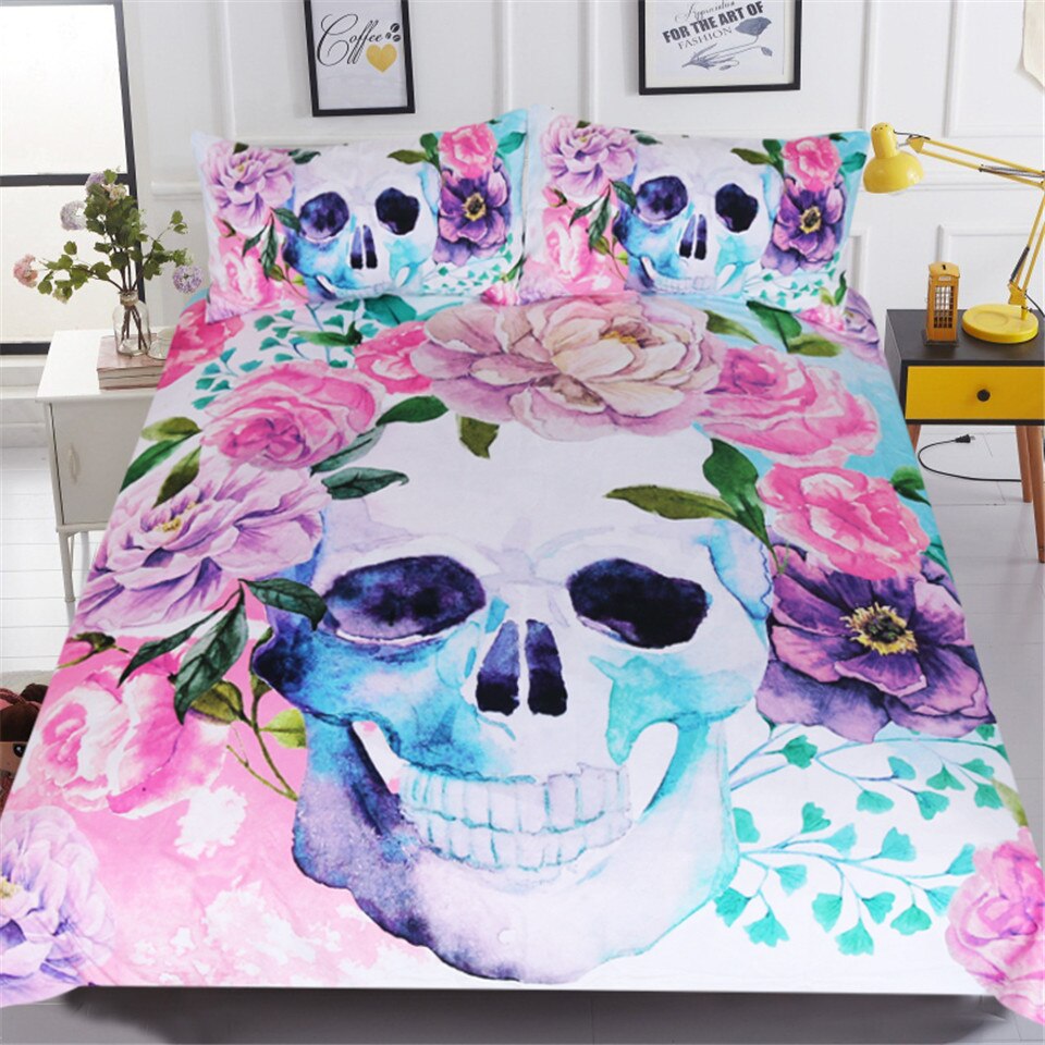 BeddingOutlet Sugar Skull Bedding Set Floral Roses Duvet Cover