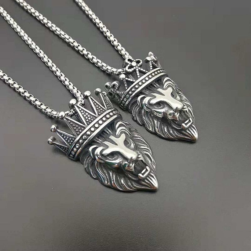 Punk Rock Titanium Steel Crown Lion Head Men Pendants Necklaces