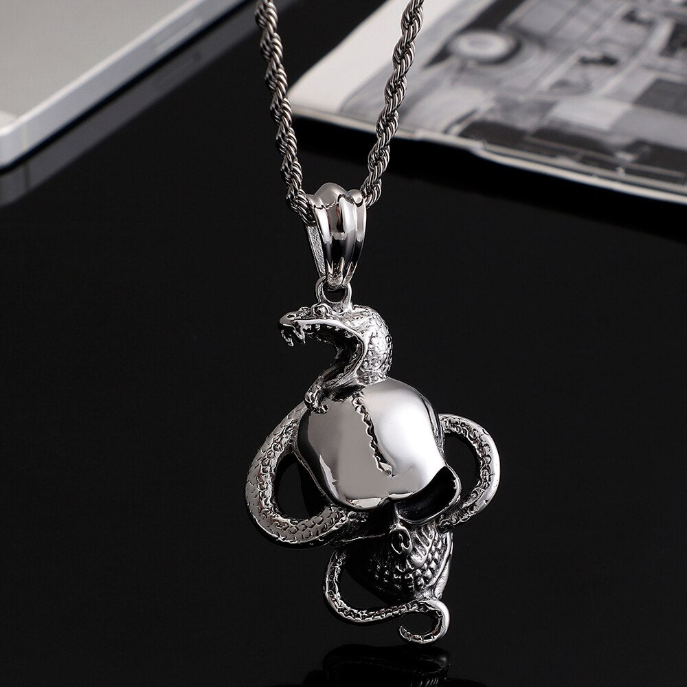 Hiphop Rocker Skull & Snake Stainless Steel Pendant Necklace