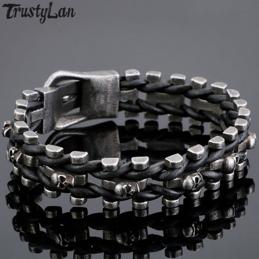 Skull Bracelets For Men Stainless Steel Gothic Ghost Head Leather