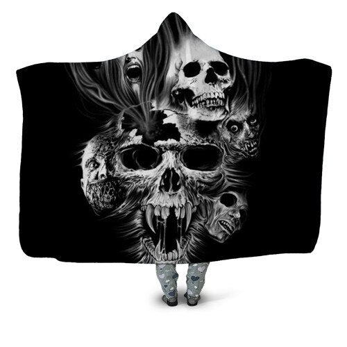 Skulls Hooded Blanket Black Dark Sherpa Fleece Wearable Throw Blanket