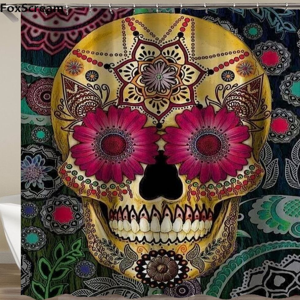 Mexican Fabric Sugar Skull show Curtains Cartoon Colored Skull  Shower Curtain Bathroom Waterproof  Polyester With Hooks