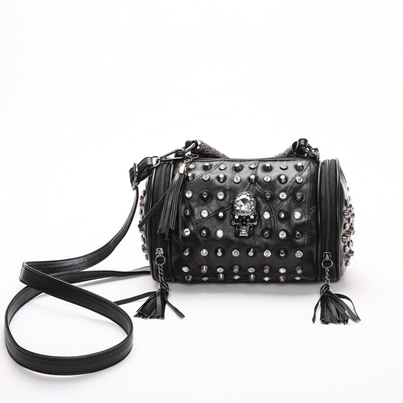 Genuine Leather Tassels Skull Handbag Women Luxury Rock