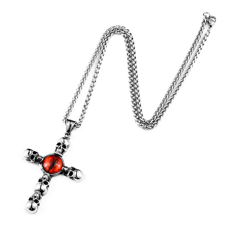 Vintage Cross Skull with Claw Evil Red Eye Necklace Pendant