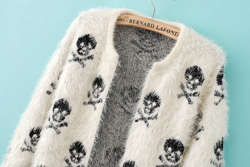 Women Cardigans Sweater Skull Pattern Female Mohair Knitted Cardigans Black White Autumn Cardigans Sweater For Women