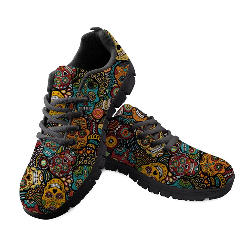 Black Floral Sugar Skull Flats Women Casual Shoes Classic Female Ladies Sneakers