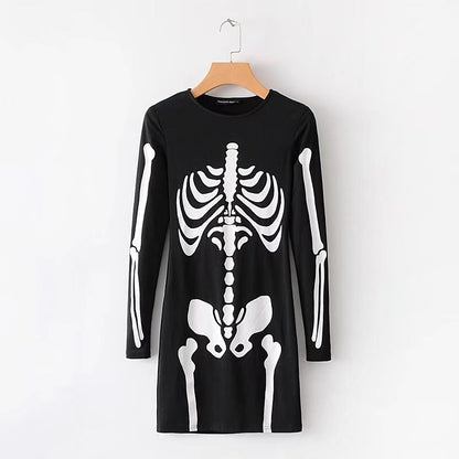 Punk Skull Printing O-Neck Long Sleeve Women Dress