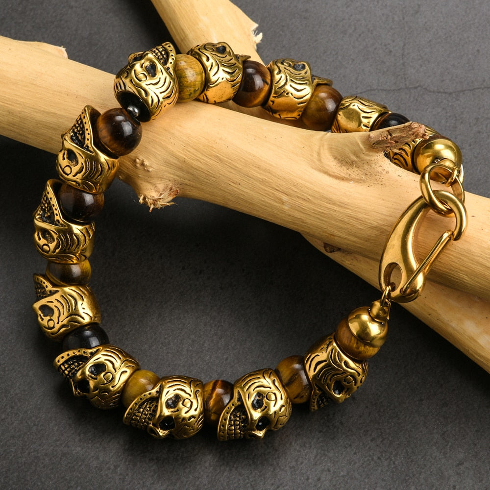 Vintage Stainless Steel Skull Beads Bracelet Men 8MM Natural Stone Mens Beaded Bracelets