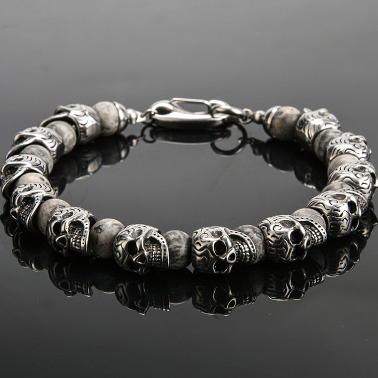 Vintage Stainless Steel Skull Beads Bracelet Men 8MM Natural Stone Mens Beaded Bracelets