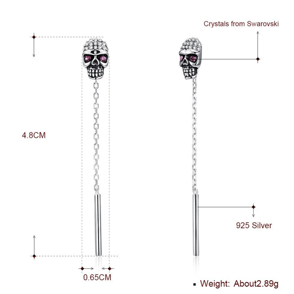 S925 Crystal Drop Earrings for Women Vintage 925 Sterling Silver Skull