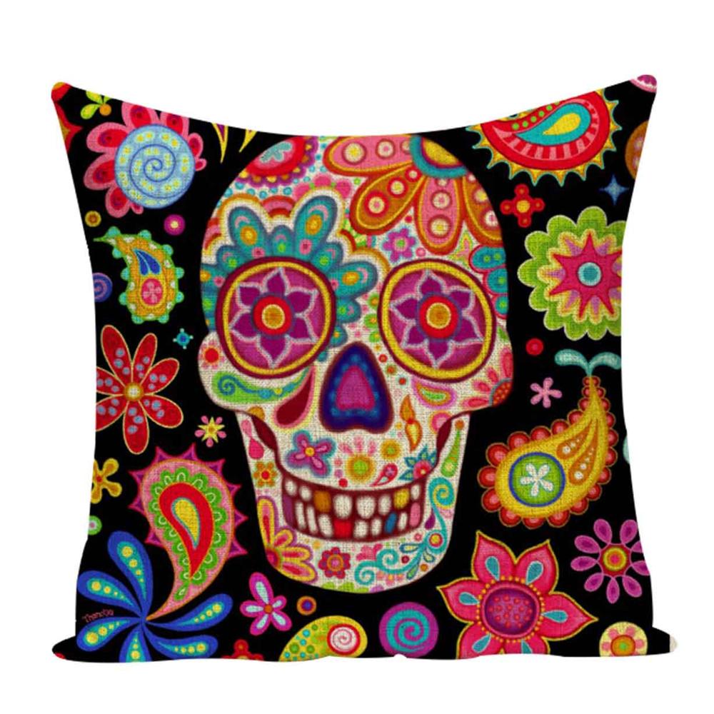 Colorful Square Pillow cover Sugar Skull Decor Living Room Cushion