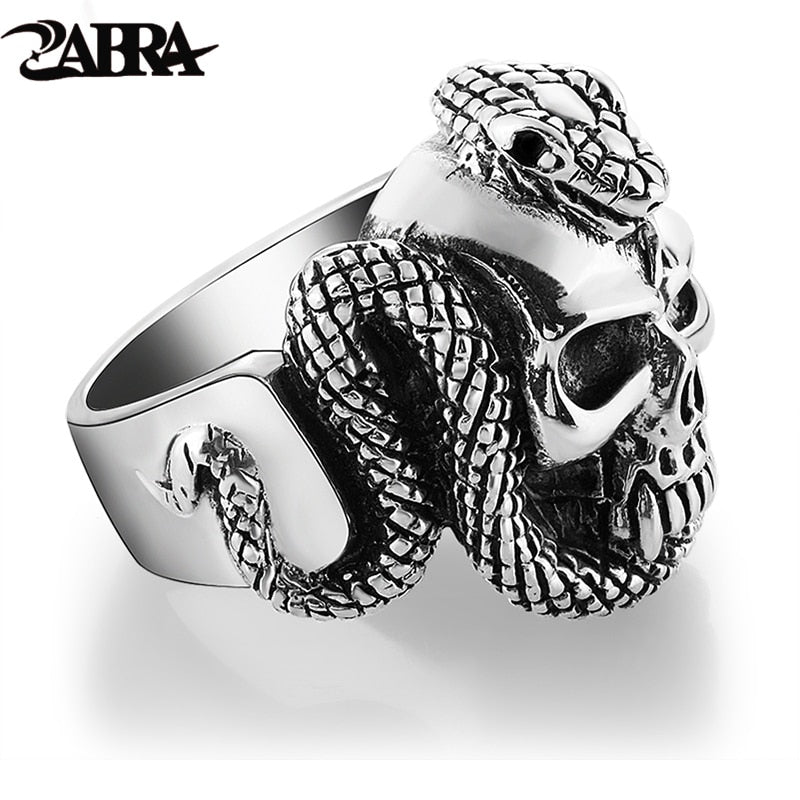 Sterling Silver Skull Ring Men With Snake Big Punk Rock Gift