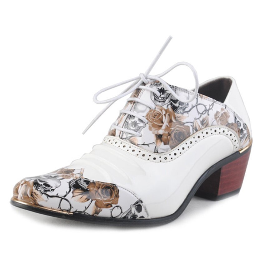 Height Increasing Patent Leather Pointed Oxfords Shoes Men Skull Pattern