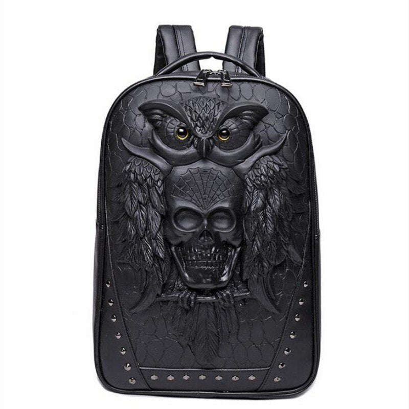 Men Backpack 3D Owl Skull Embossing Rivet Black Purse