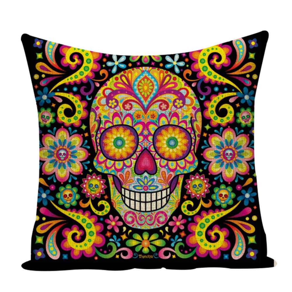 Colorful Square Pillow cover Sugar Skull Decor Living Room Cushion