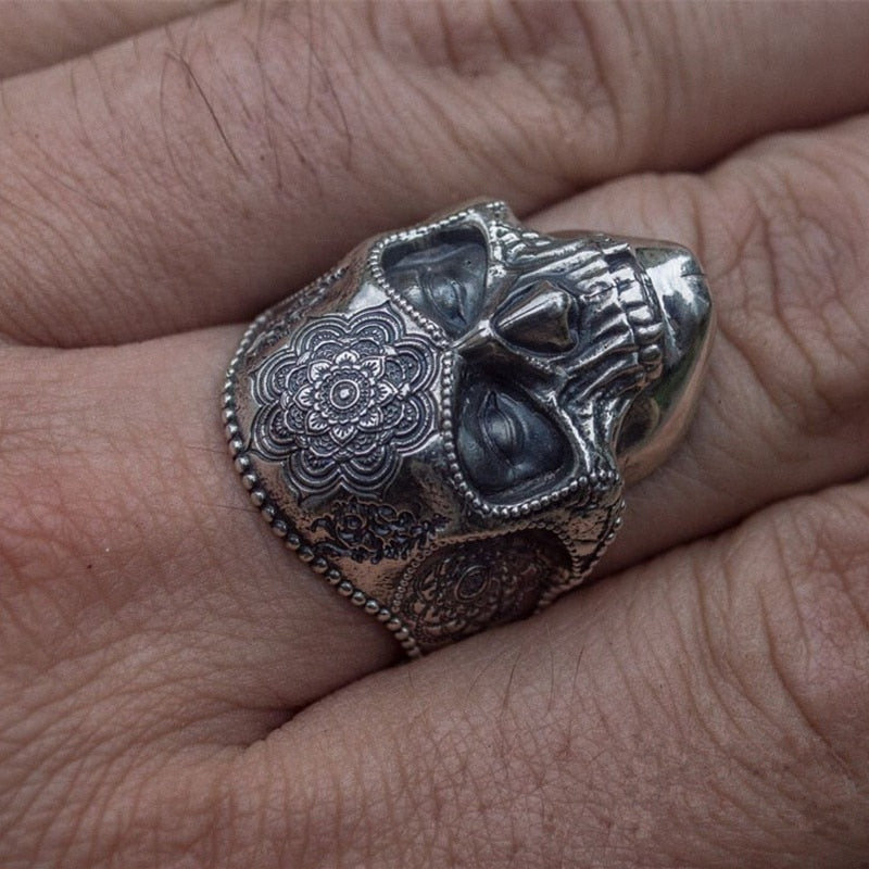 Unique Silver Color 316L Stainless Steel Heavy Sugar Skull Ring Mens