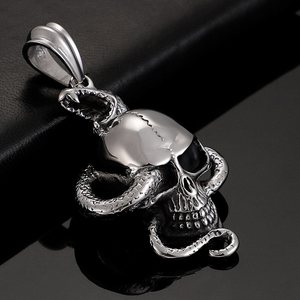 Hiphop Rocker Skull & Snake Stainless Steel Pendant Necklace