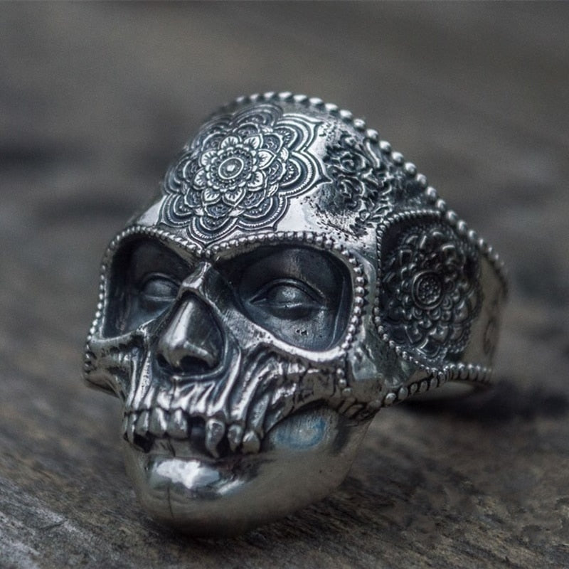 Unique Silver Color 316L Stainless Steel Heavy Sugar Skull Ring Mens