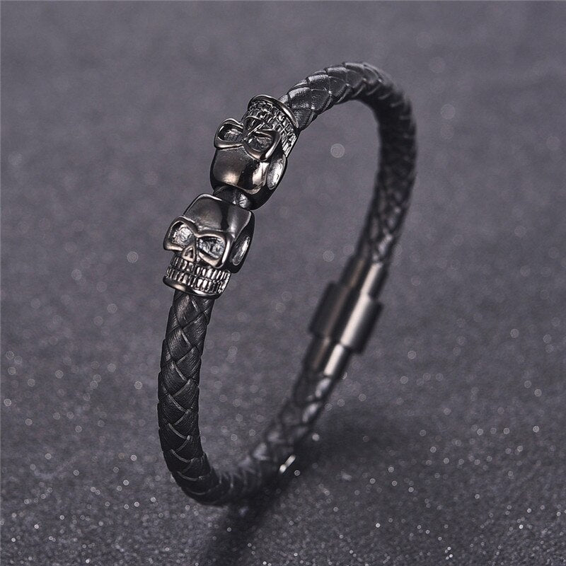 Jiayiqi Black Leather Bracelet for Men Jewelry Skull Stainless Steel