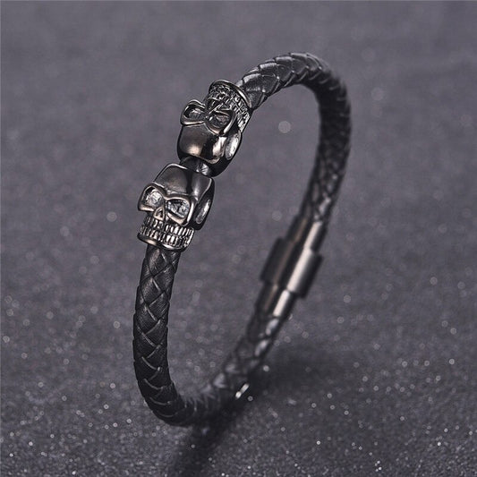 Jiayiqi Black Leather Bracelet for Men Jewelry Skull Stainless Steel