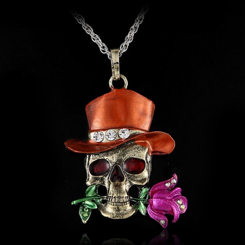 Long Jewelry Sweater Necklace Clear Crystal Skull Flowers Jewelry