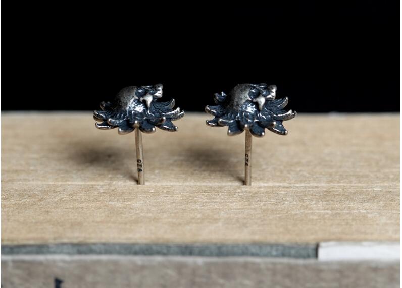 Punk Style Pure 925 Sterling Silver Skull And Flower Stud Earrings