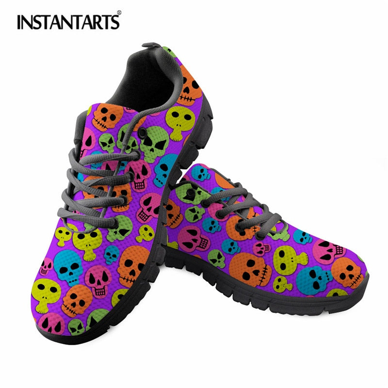 Punk Style Skulls Print Women's Casual Flat Shoes Breathable Air Mesh Sneaker