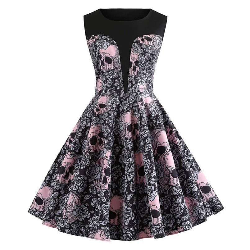 Halloween Dress Women O Neck Sexy Dress Skull Floral Print Party Dress