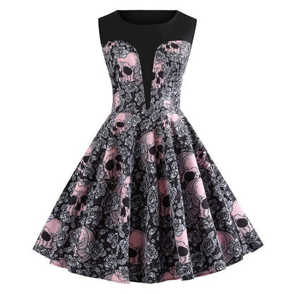 Halloween Dress Women O Neck Sexy Dress Skull Floral Print Party Dress