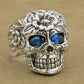 925 Sterling Silver Flower Skull CZ Eyes Mens Biker Rocker Punk Ring US Size 7~15