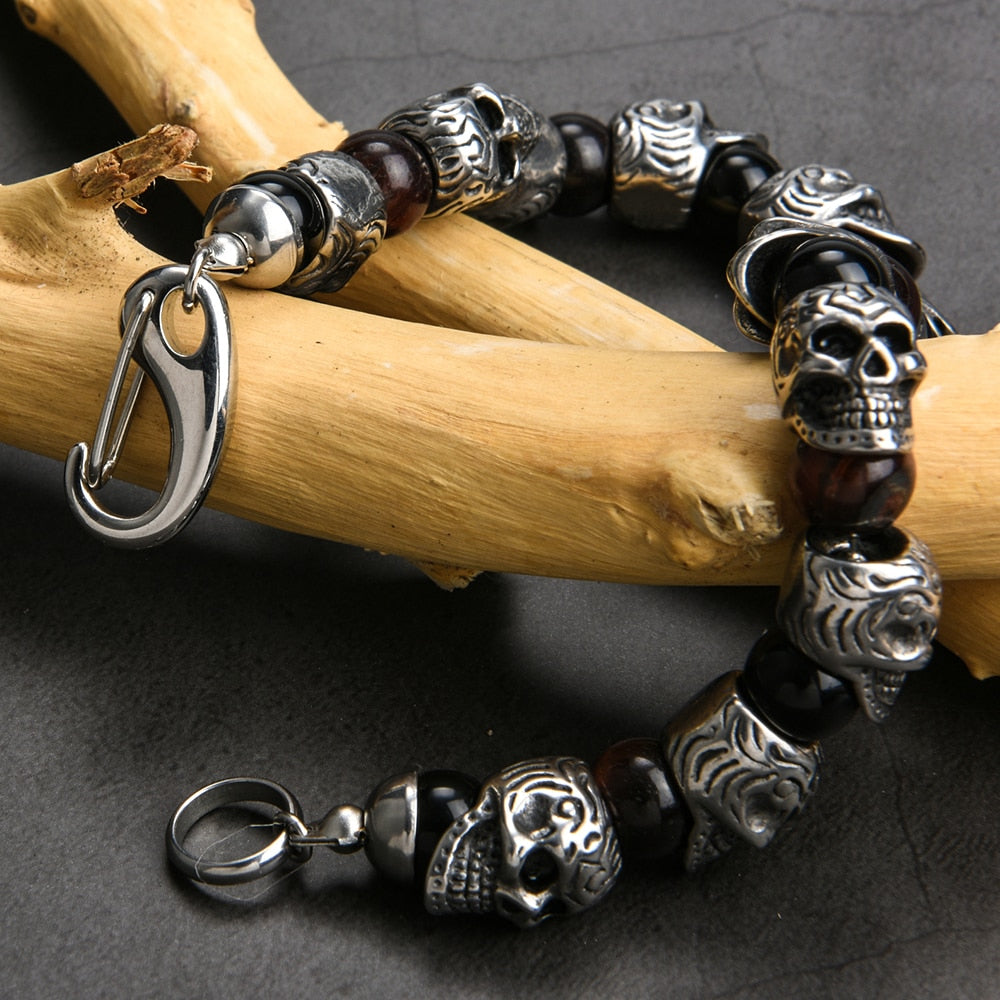 Vintage Stainless Steel Skull Beads Bracelet Men 8MM Natural Stone Mens Beaded Bracelets