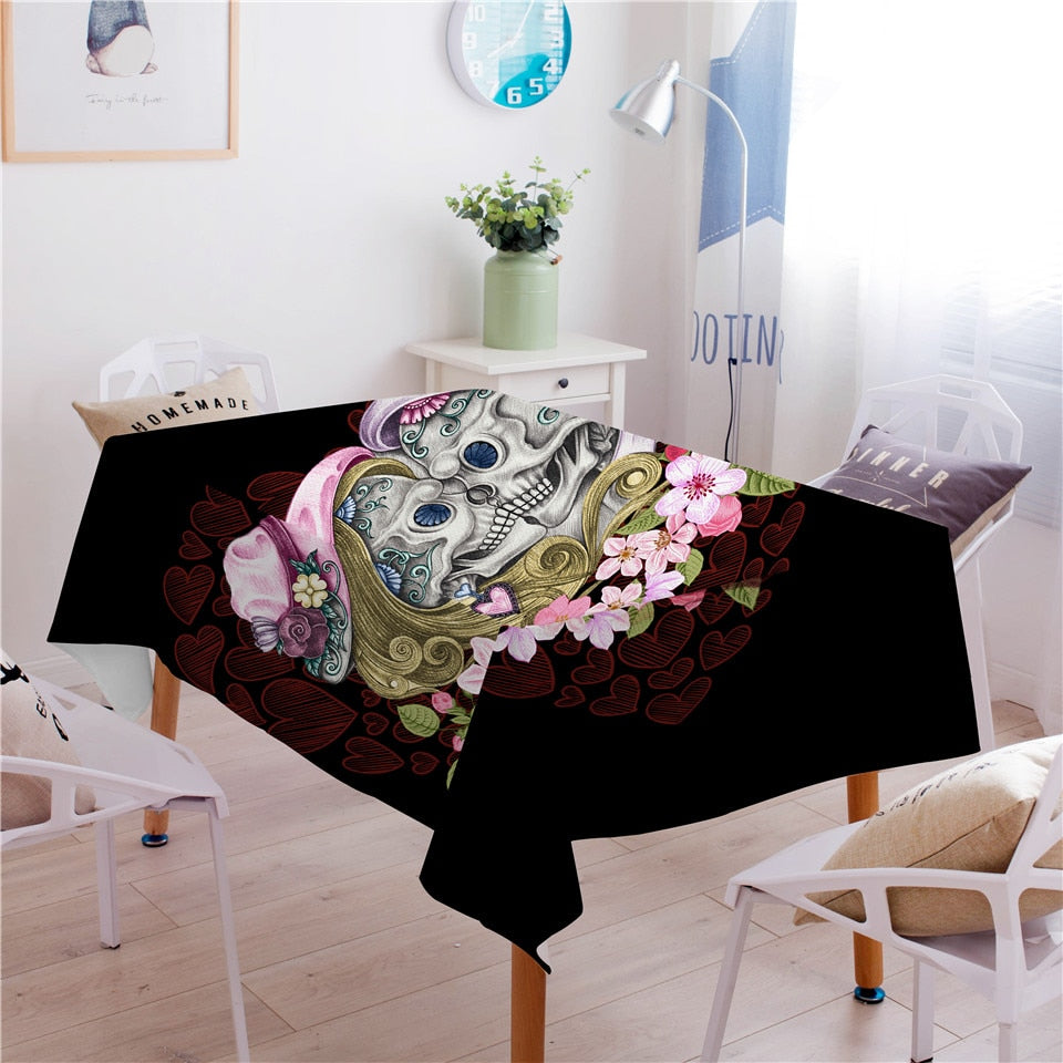 Skull Couples Tablecloth Gothic Waterproof Table Cloth Pink Flowers