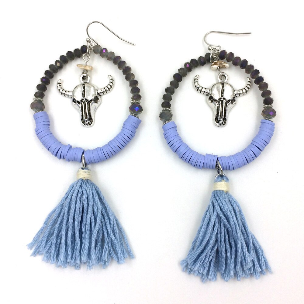 New Crystal Beads Dangle Earrings With Cotton Tassel Summer Style Bull