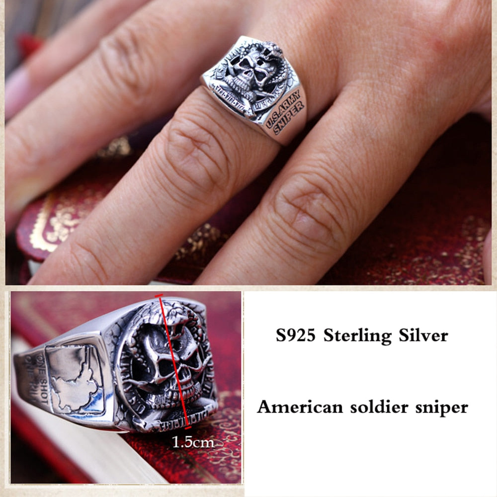 Punk Rock Skull Ring & US Army Soldier Sniper Ring Solid Real 925 Sterling Silver