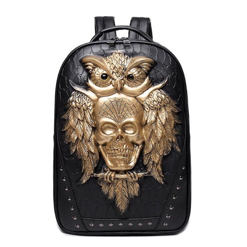 Men Backpack 3D Owl Skull Embossing Rivet Black Purse