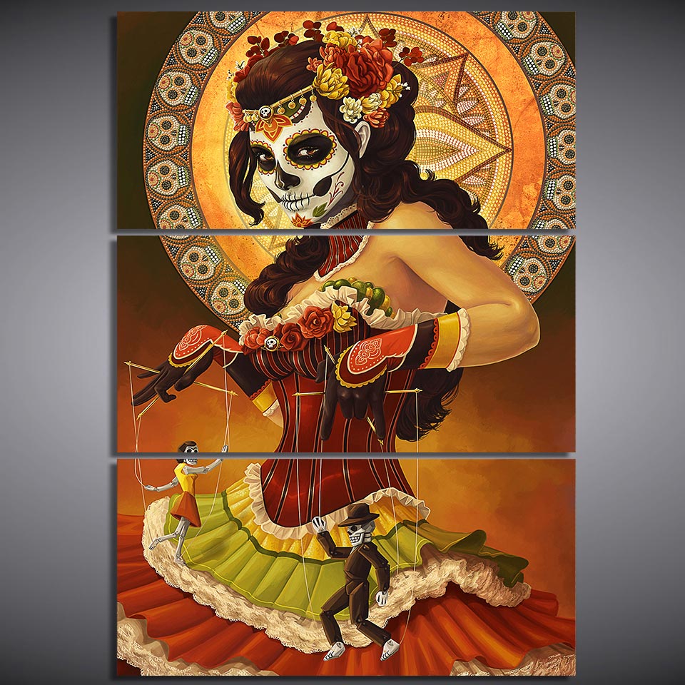 HD printed 3 piece canvas art Day of the Dead Face painting wall pictures for living room