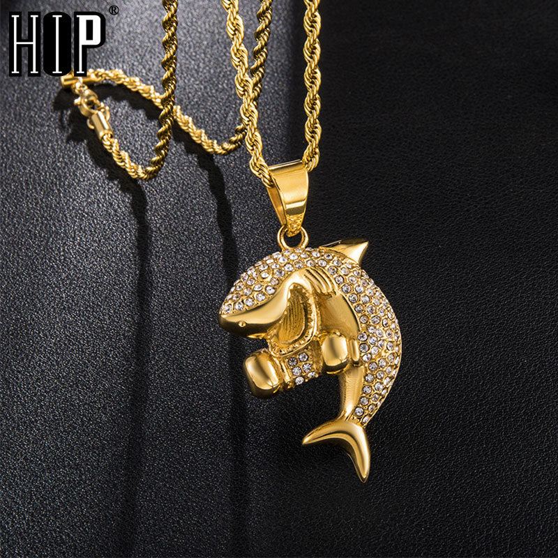 Hop Iced out Bling Gold Color Shark Stainless Steel