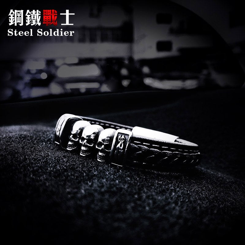 Steel soldier THREE skull punk man bangle bracelet