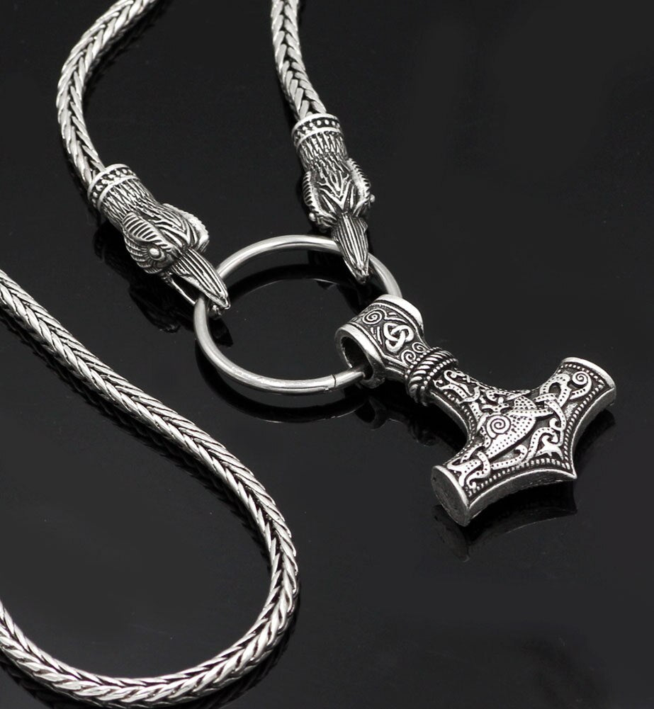 Cord Odin's  Ravens Of Thor's Hammer Mjolnir Scandinavian Axe Wolf Pendant