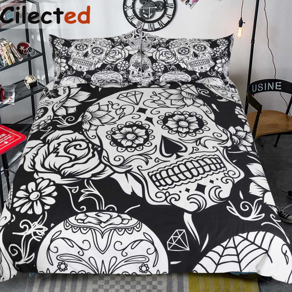 3Pcs Black And White Duvet Cover With Pillowcases Sugar Skull Bedding