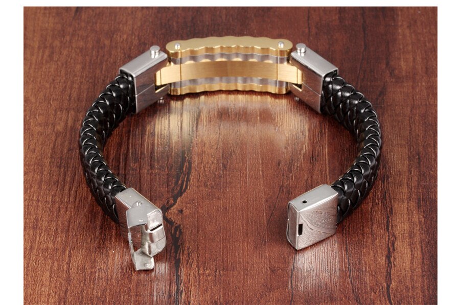 Black Leather Bracelet Men Charm Bangle Stainless Steel