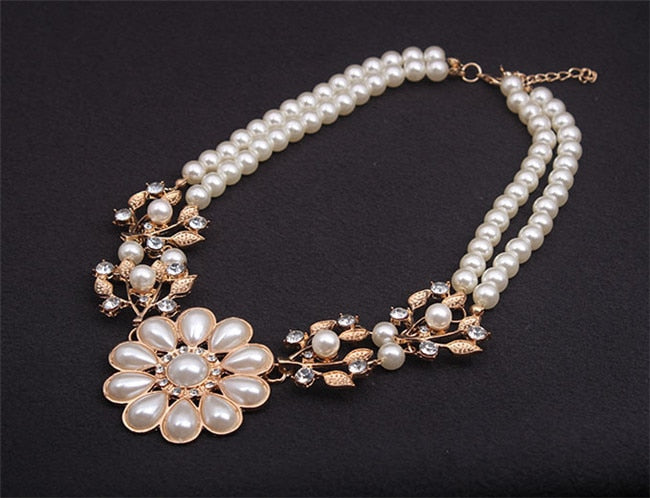 luxury Simulated pearl chain rhinestone crystal flower choker necklace bead work jewelry for women 39 cm