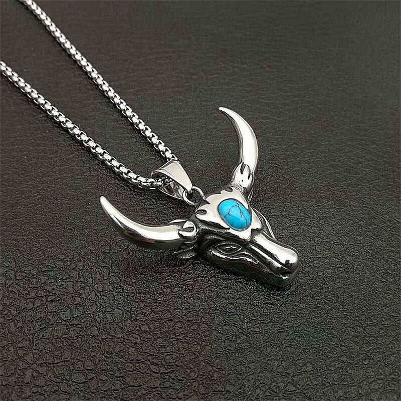 Punk Skull Bull Head Pendants Natural Stone Men's Necklace