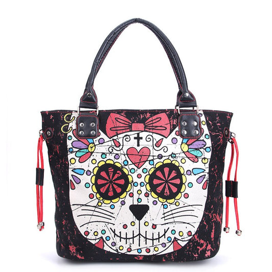 Lady Girl Sugar Skull Cat Candy Handbag School Shoulder Bag Gothic Punk Rockabilly