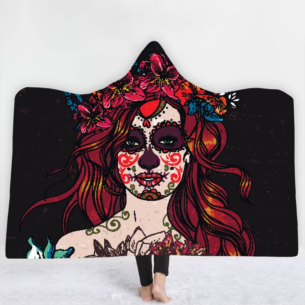 Unique Customized Skull Girl Print Hooded Blanket Day of the Dead